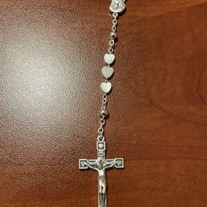 Silver Rosary Necklace with Heart Beads